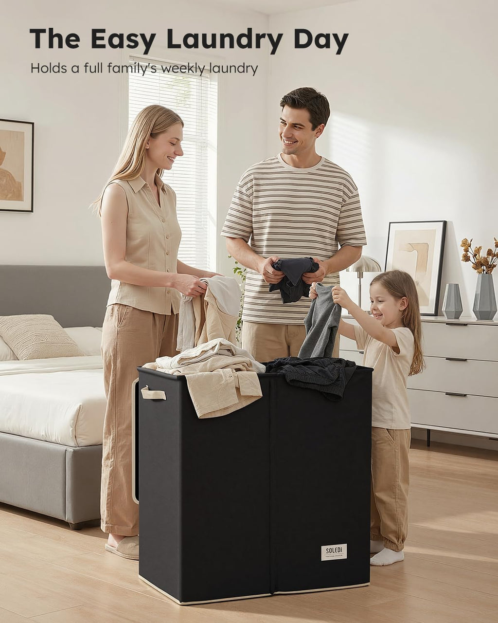 SOLEDI Large Double Laundry Hamper with Lid,165L Collapsible Clothes Hamper 2 section with Removable Bags, Space-Saving Laundry Basket for Bedroom, Dorm, College