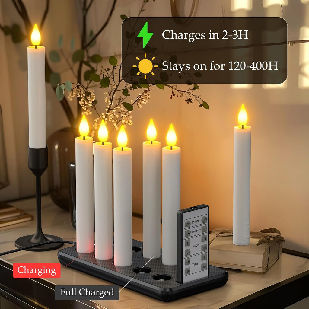 PChero Rechargeable Flameless Taper Candles with Charging Station, 10 Pack