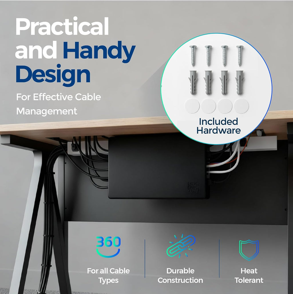 Cable Management Box ABS 12.6x7.9x4.5in, Black, Mounting Kit Included