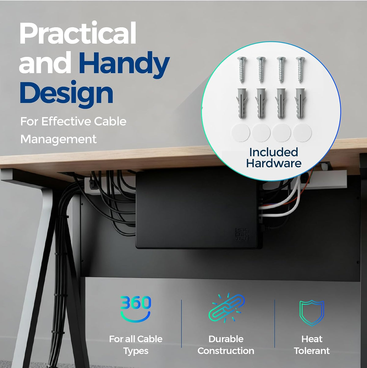 Cable Management Box ABS 12.6x7.9x4.5in, Black, Mounting Kit Included