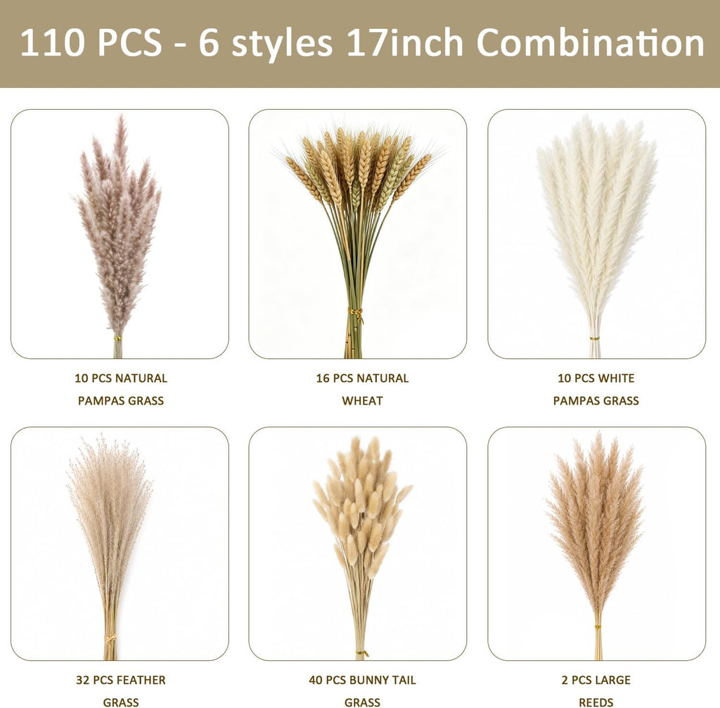 110PCS Natural Dried Flower 17inch Boho Dried Pampas Grass for Home Decor