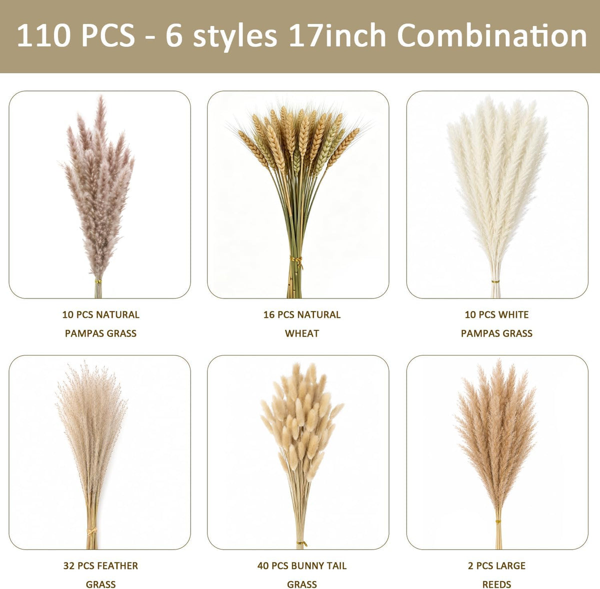 110PCS Natural Dried Flower 17inch Boho Dried Pampas Grass for Home Decor