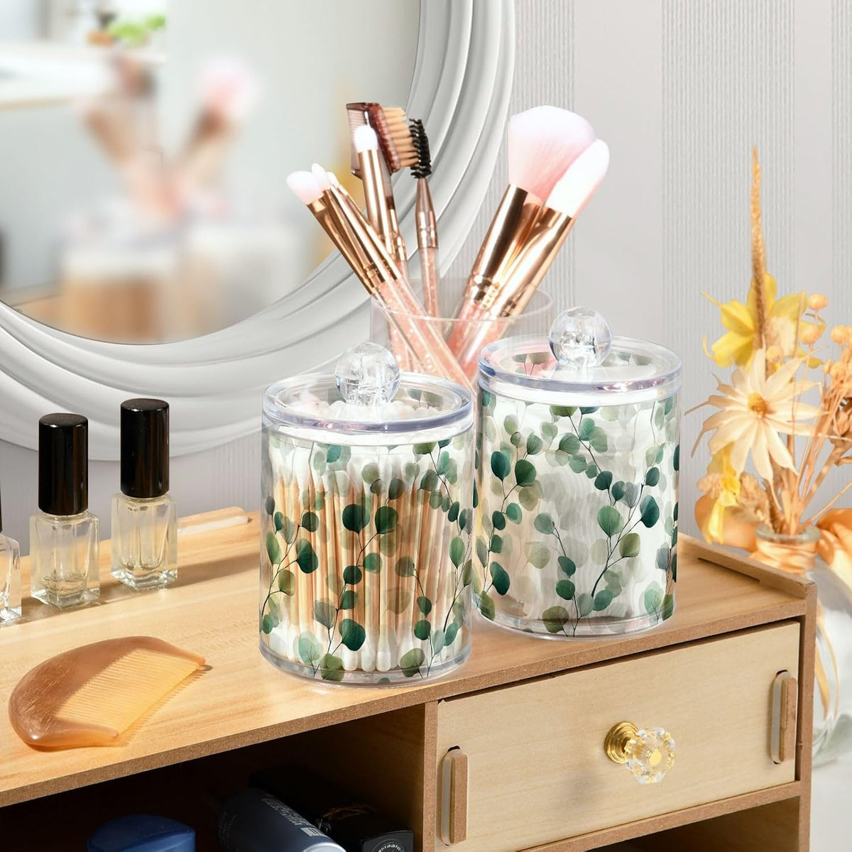 Gredecor Qtip Holder Dispenser 2 Pack Green Watercolor Floral Leaves Apothecary Jars with Lids Bathroom Vanity Countertop Canister Storage Organizer for Cotton Ball,Swabs,Pads,Floss