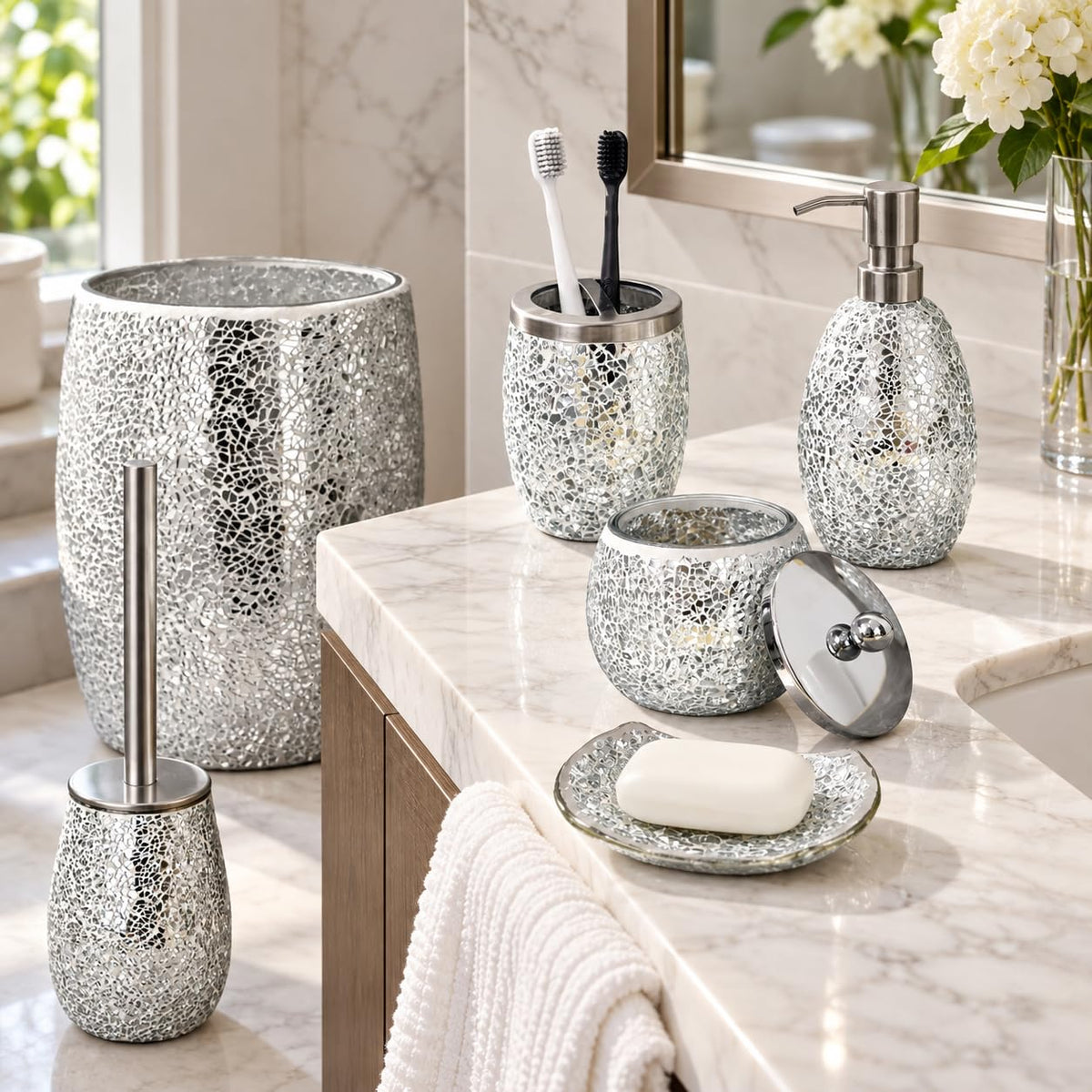 Escenzy Silver Bathroom Trash Can, Handmade Mosaic Glass 1.3 Gal / 5L | Decorative Waste Basket for Bathroom, Bedroom, Office | Luxury Silver Glitter Bathroom Decor | Glam Home Decor Gift