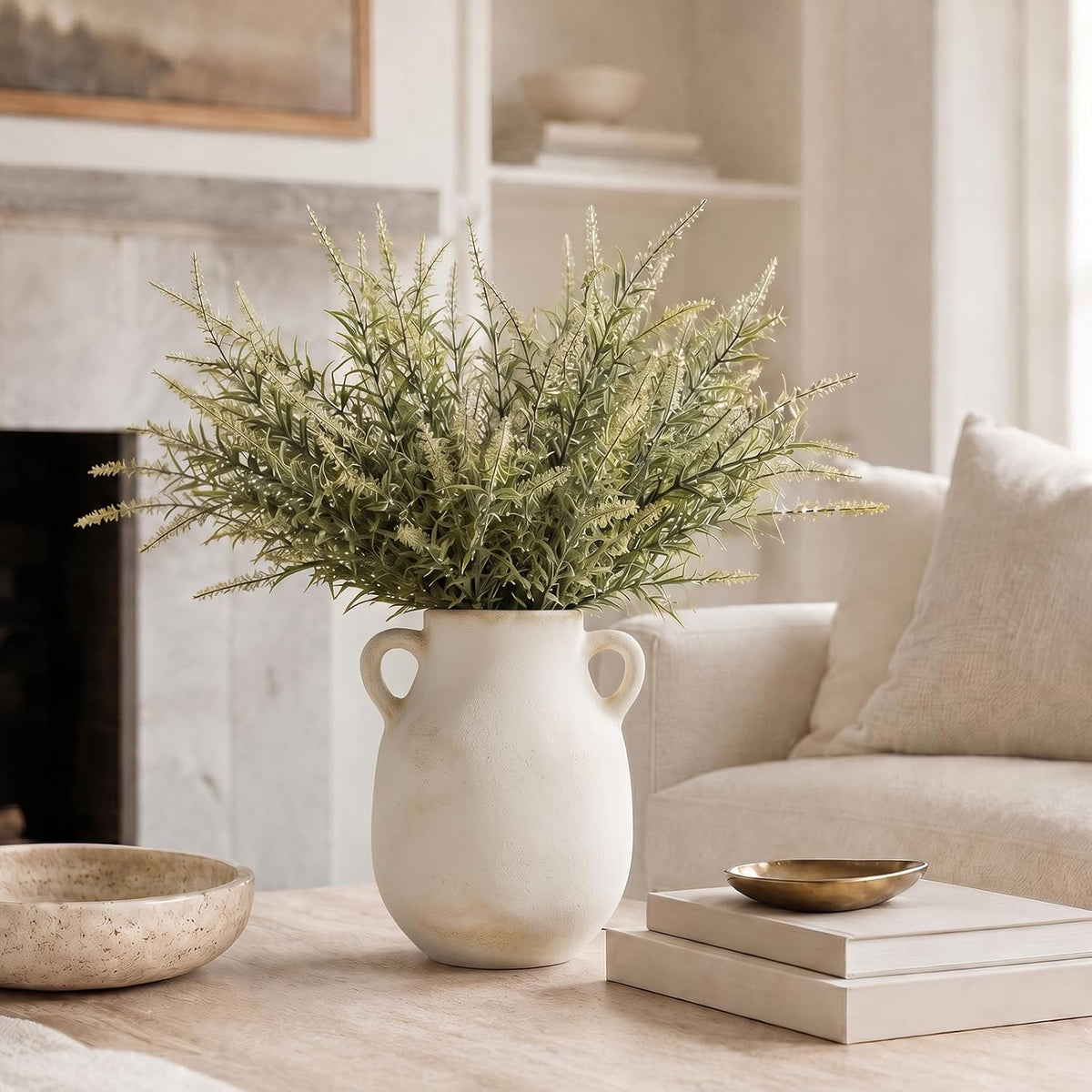 Deep Dream Ceramic Flower Vase with Handles, 8 Inch Small White Ceramic Vase, Decorative Terracotta Vases, Farmhouse Rustic Pottery Vases for Home Decor,Shelf, Entryway, Living Room, Bedroom (White)