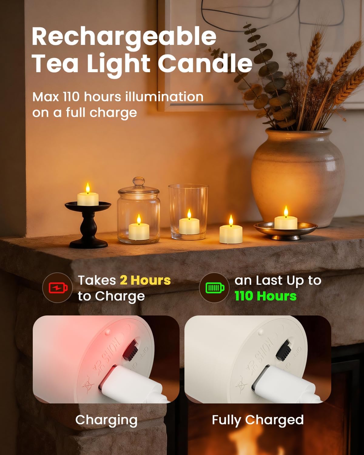 Yme Rechargeable Tea Lights with Remote, Up to 110H Long Lasting Candles