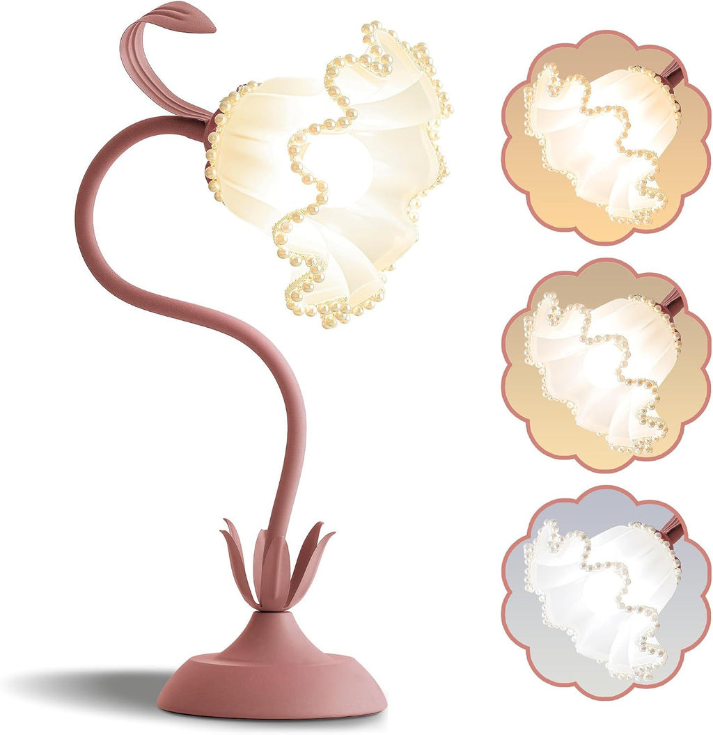 Flower Table Lamp Bedside Lamps LED Reading Light,3 Color Modes Cute Small Lamp,Vintage Flower Lamp Kawaii Table Lamp for Bedroom Living Room Office Dorm Desk Home Decor (Pearl Pink lamp)