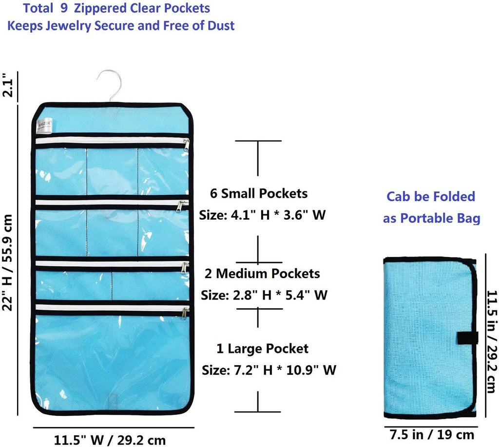 Travel Foldable Jewelry Rolls Bag Hanging Jewelry Organizer with 9 Zippered Clear Pockets Storage Pouch with Rotatable Hanger (BLUE)