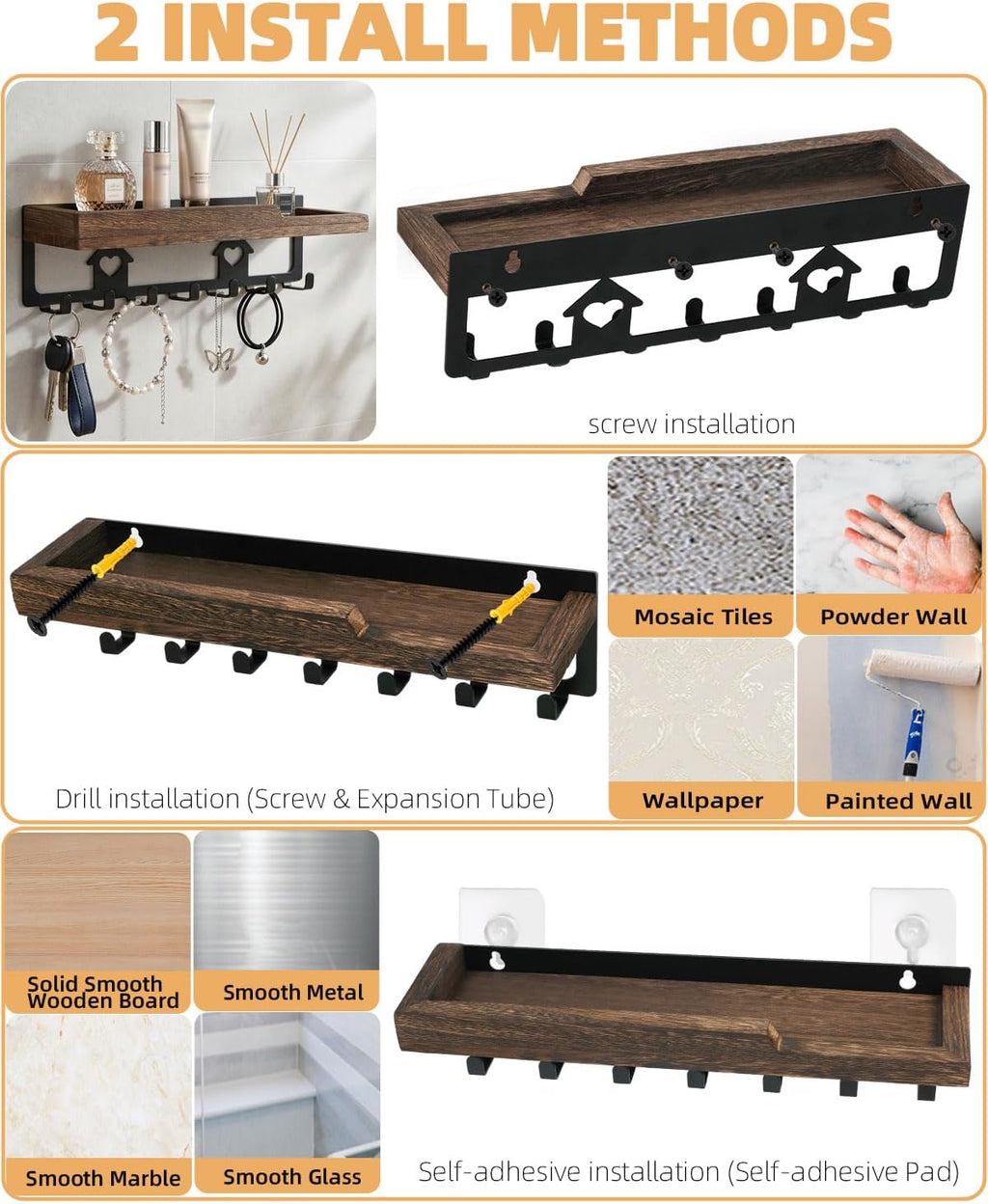 lucdnc Key Holder for Wall Mounted with Tray, 7 Hooks & Wood Shelf