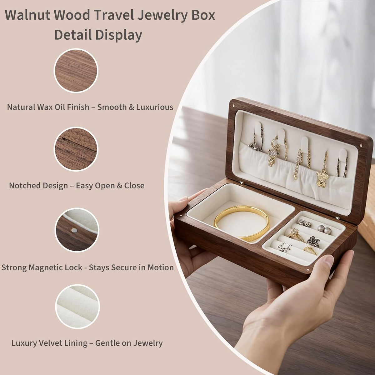 Solid Walnut Wood Jewelry Box for Women & Men - Vintage Travel Organizer with Portable Mini Case, Earring Storage, chinoiserie Handcrafted Gift (Walnut, Square)