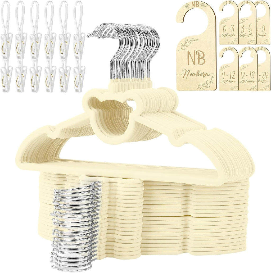 50 Pack Velvet Baby Hangers with Clips Kids Hangers with Size Dividers