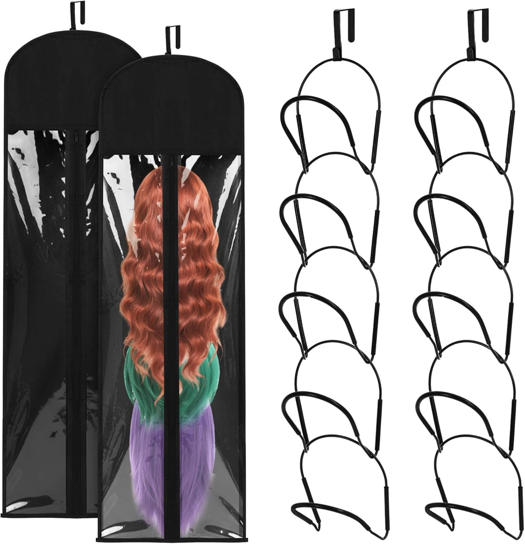10 Pcs Wig Hangers Rack for Multiple Wigs, Dust-proof Storage Bag, Black