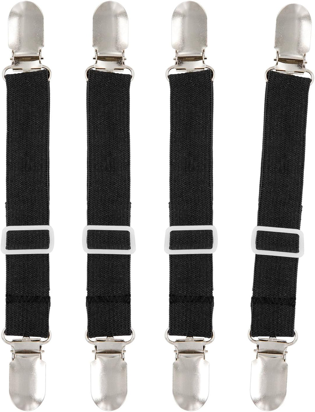 BetyBedy 4Pcs Adjustable Bed Sheet Fasteners Suspenders, Elastic Sheet Band Straps Clips, Cover Grippers Suspenders Holder for Mattress Pad Cover, Sofa Cushion (Black)