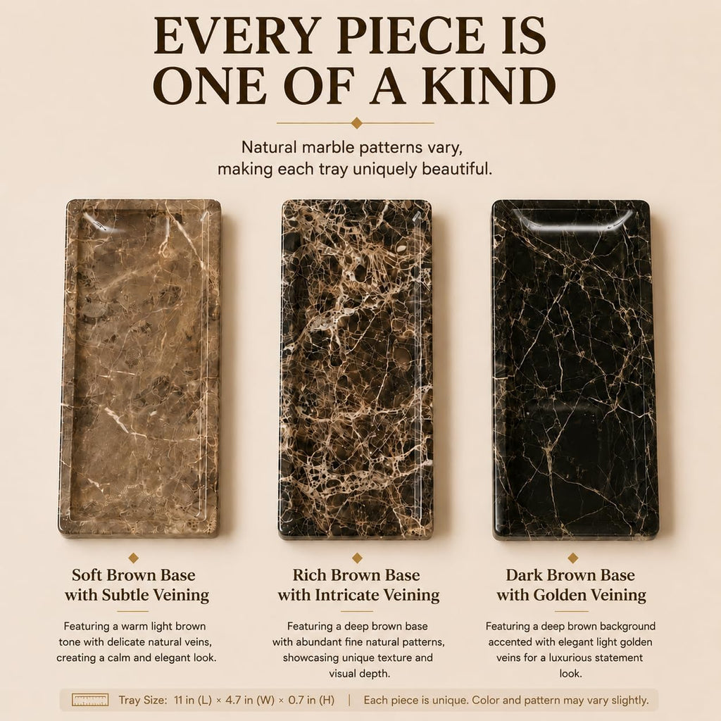 Brown Marble Vanity Tray, Small Genuine Stone Decorative Tray for Bathroom Counter, Perfume, Cologne, Jewelry, Candle, Coffee Table & Kitchen Counter Organizer, 11 x 4.7 Inch