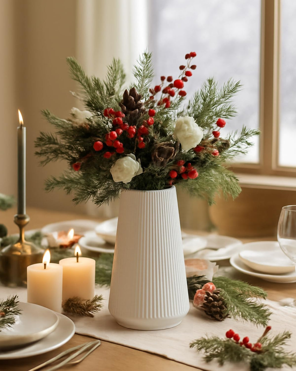 vensovo 8 Inch Glossy White Ceramic Vase, Ribbed Narrow Neck Flower Vase