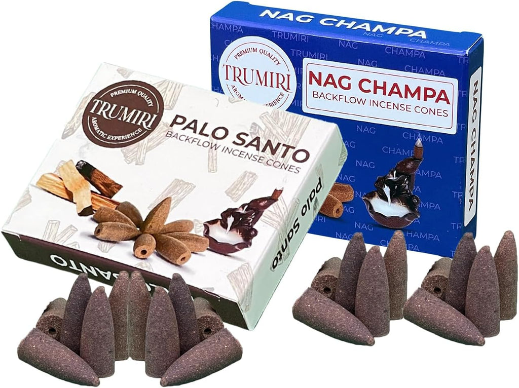 TRUMIRI Backflow Incense Cones - Combo Pack of 20 Incense Cones Waterfall - 10 Nag Champa + 10 Palo Santo