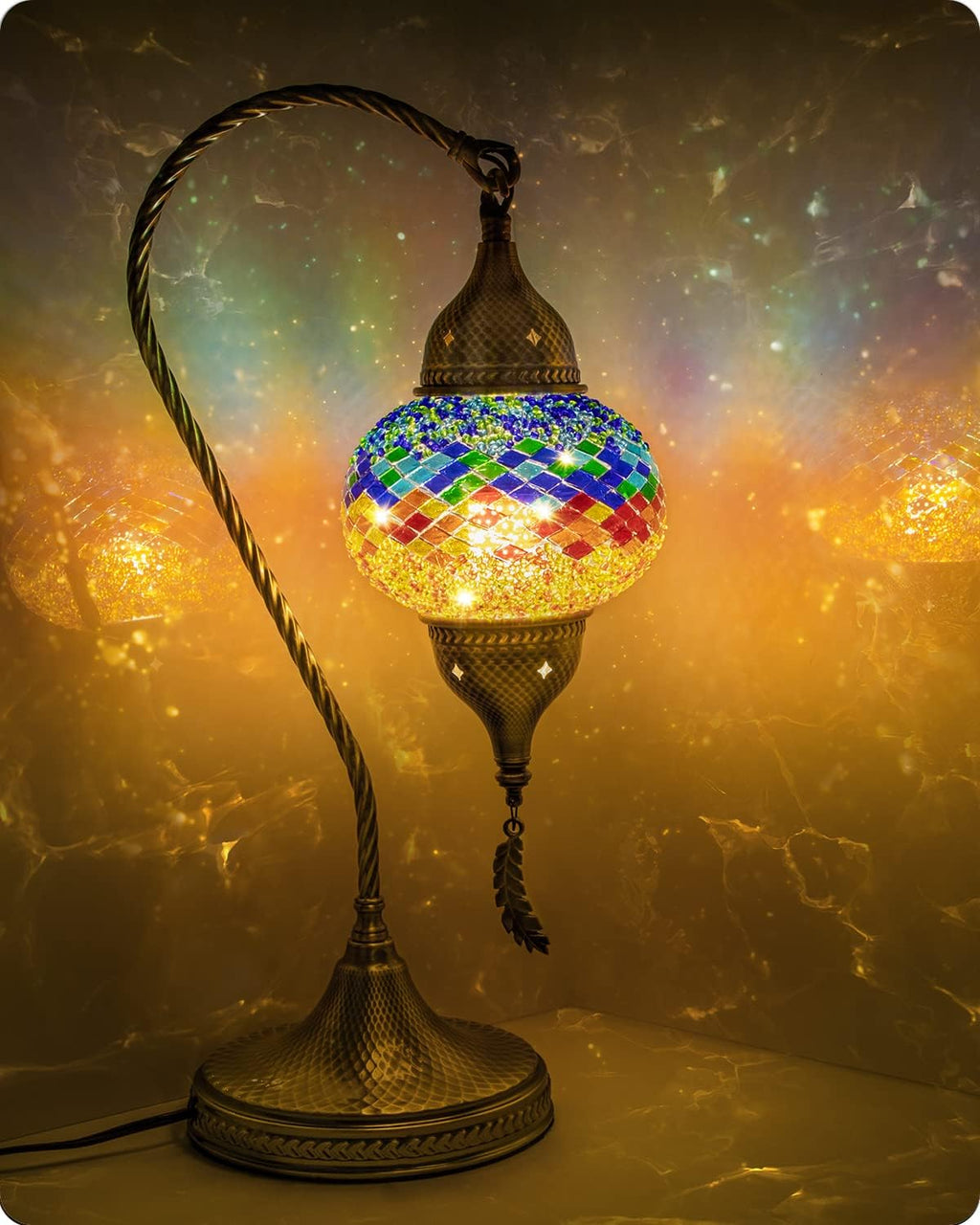 Yarra-Decor Turkish Moroccan Mosaic Table Lamp with Bronze Base - 3 Color Options Handmade Swan Neck Tiffany Mosaic Glass Bedside Lamps for Bedroom, 19" Color2(LED Bulb Included)