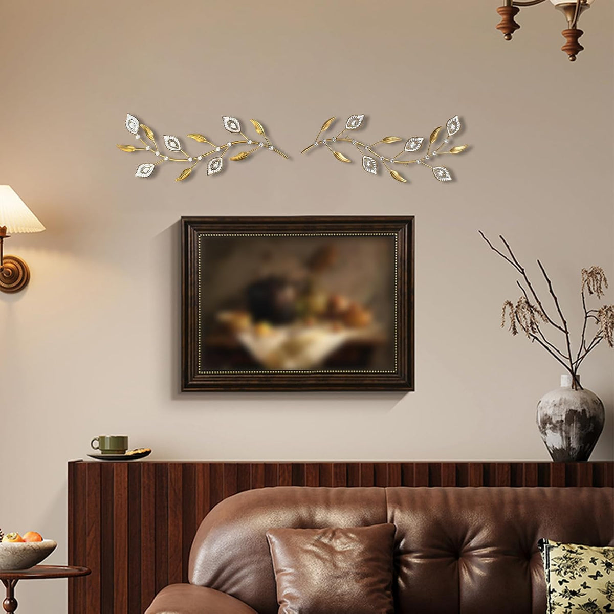 sxnzequnze 2 Set Metal Tree Leaf Wall Art for Home Decor Living Room Bedroom Dining Room Bling Rhinestone, 3D, Iron Branch Hanging Leaf Sculpture Art Pieces -Gold 16.5in*6.7in