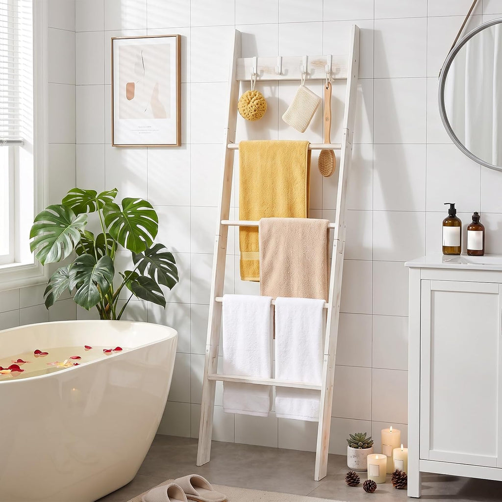 HOOBRO Blanket Ladder for Living Room and Bedroom, 5-Tier Wall Leaning Towel Rack for Bathroom, Decorative Ladder Shelf with 4 Removable Hooks, Farmhouse Blanket Storage, White WW51CJ01G1