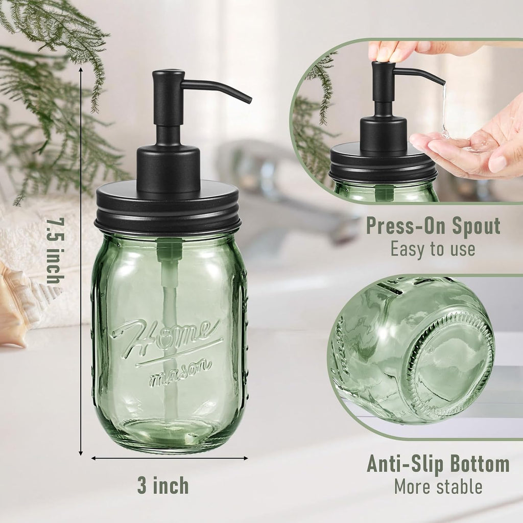SheeChung Green Glass Mason Jar Liquid Soap Dispenser, 16oz, Black, 1 Pack
