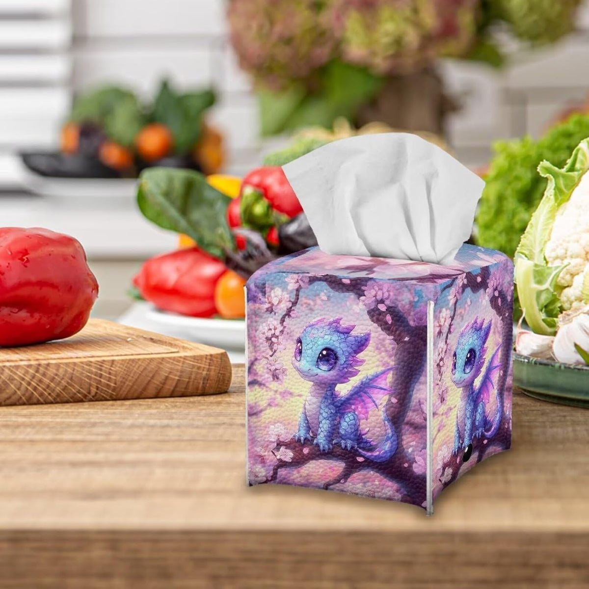 Dragon Cherry Blossom Tissue Box Cover 5.1x5.1x5.1'' Tissue Holder Napkin Dispenser for Home Office Car, Pu Leather Square Napkin Facial Paper Holder Organizer