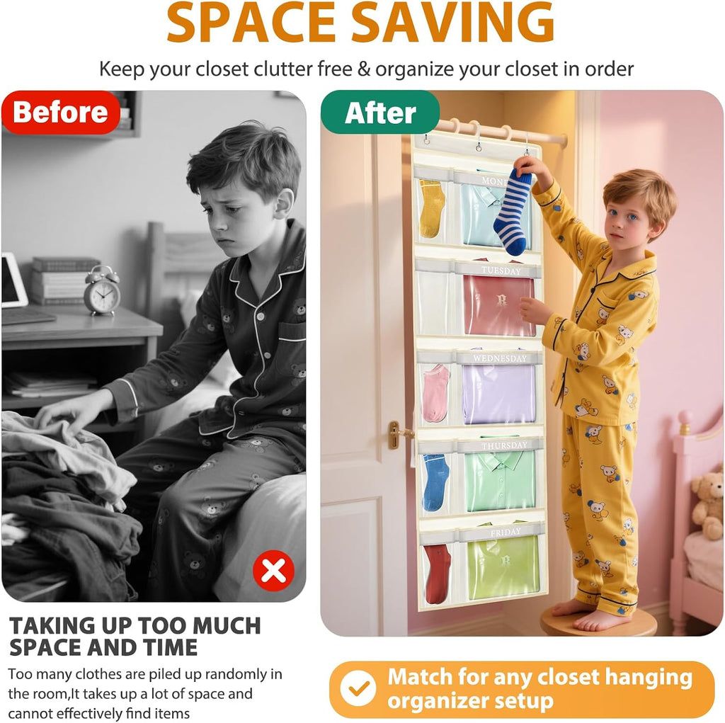 Weekly Kids Clothes Organizer Day of Week School Clothing Storage Monday to Friday Hanging Closet Organizer (2) (Yellow 2pcs)