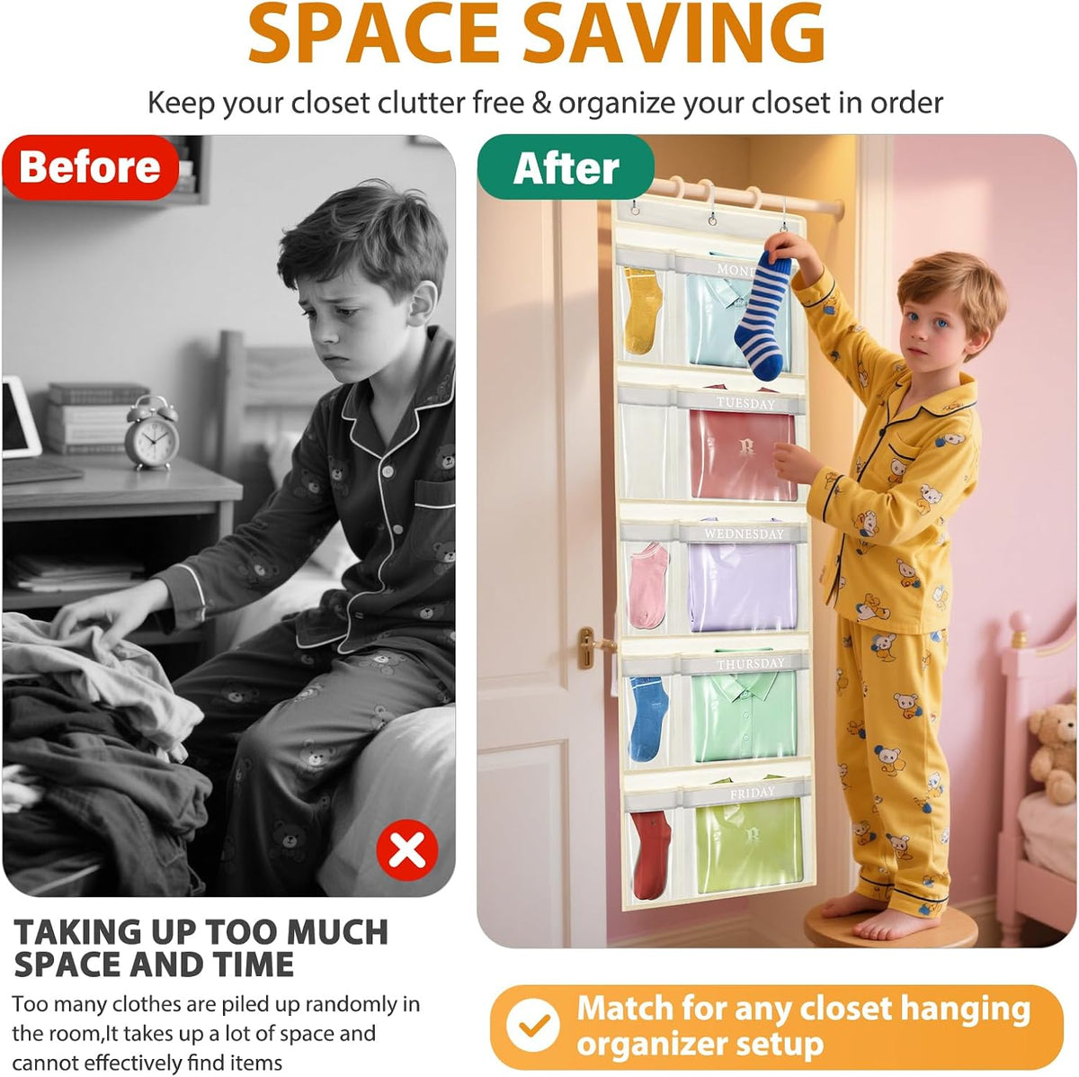 Weekly Kids Clothes Organizer Day of Week School Clothing Storage Monday to Friday Hanging Closet Organizer (2) (Yellow 2pcs)