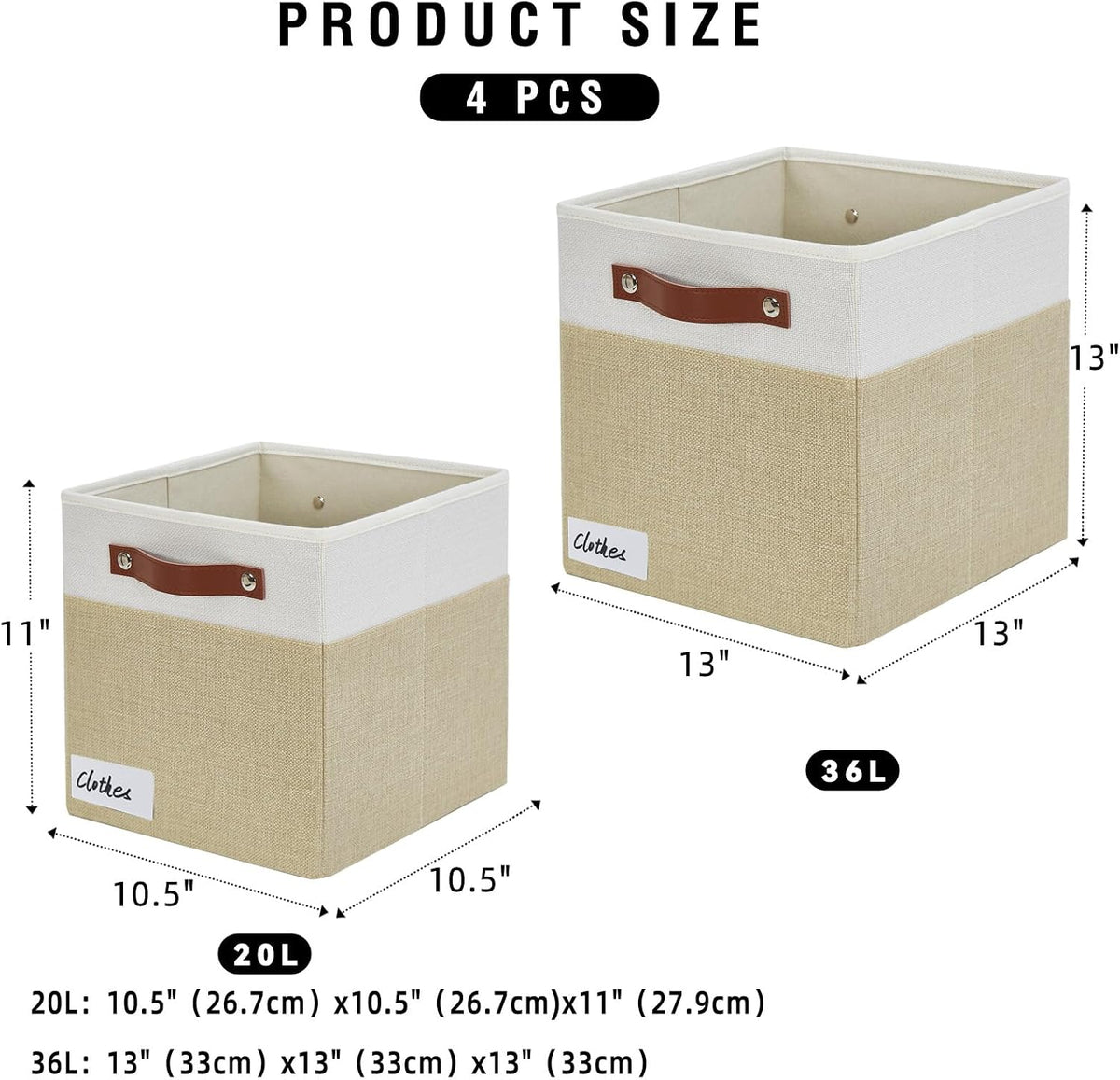 Bagnizer Collapsible Fabric Storage Cube Bins with 2 Reinforced PU Handles, Foldable Storage Organizer Baskets for Closet, Shelves, Living Room | 11"x11"x11", 4 Pack, Beige & White