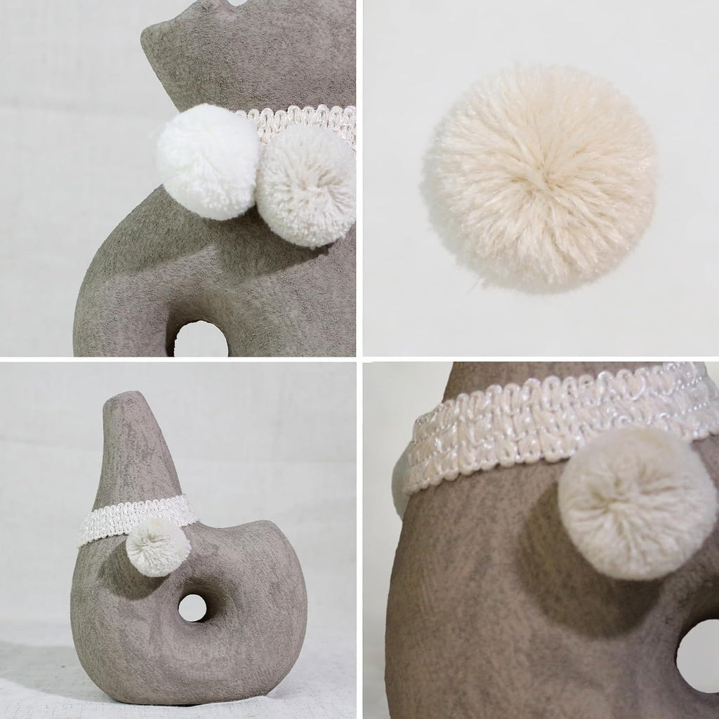 Gray Terracotta Vase, Boho Geometric Hollow Decor with Pom-Pom