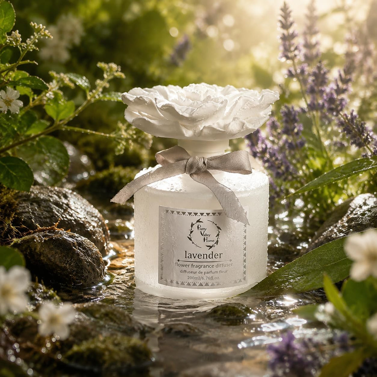 Reed Diffuser Sets, 6.76 Fl. Oz / 200ML Ceramic Diffuser Flower Gift Box, Home Reed Diffuser for Bathroom Office Bathroom Living Room Decor (Lavender White)