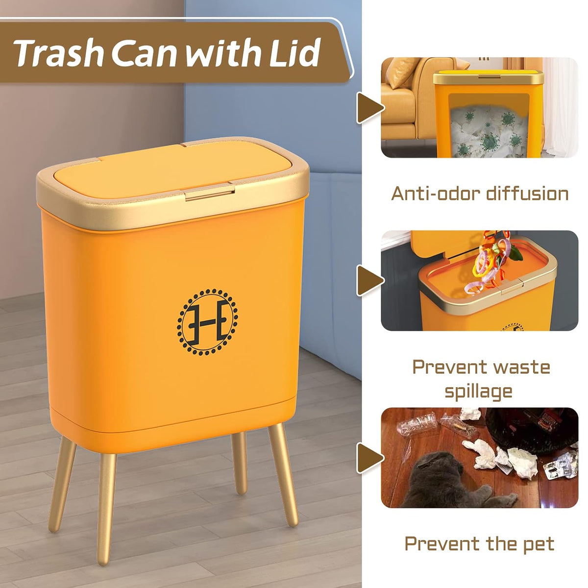 Procade Orange Bathroom Trash Can with lid,4 Gallon Retro Gold Garbage Can
