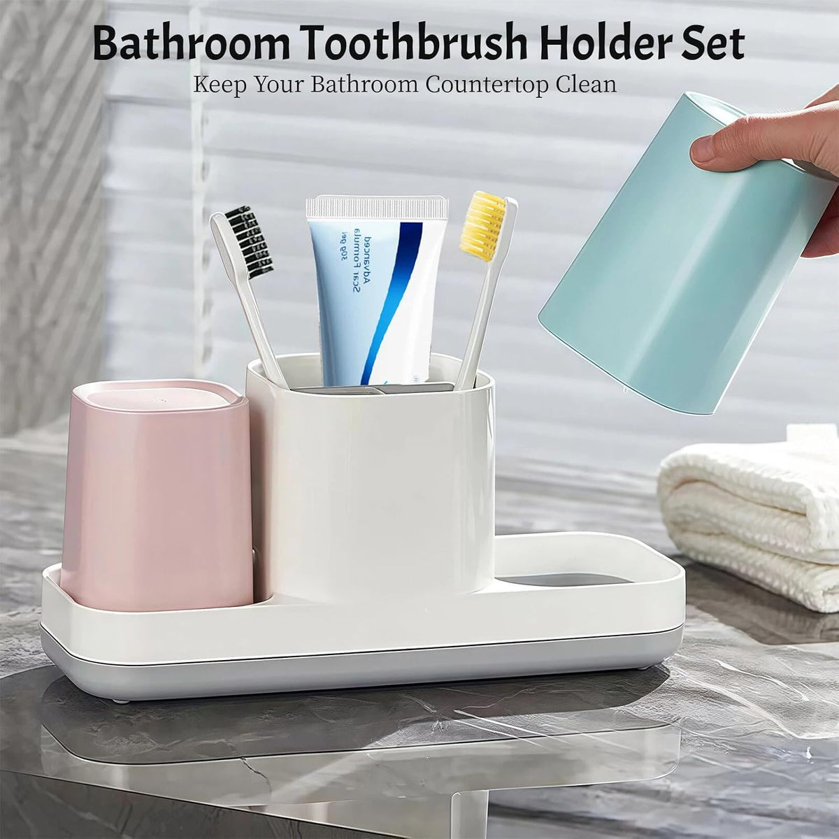 Toothbrush Holder for Bathroom, Kids Toothbrush Holder with Cups, Electric Toothbrush Holder for Bathroom Decor, Kids Bathroom Accessories Set with Toothpaste Holder, Pink & Blue