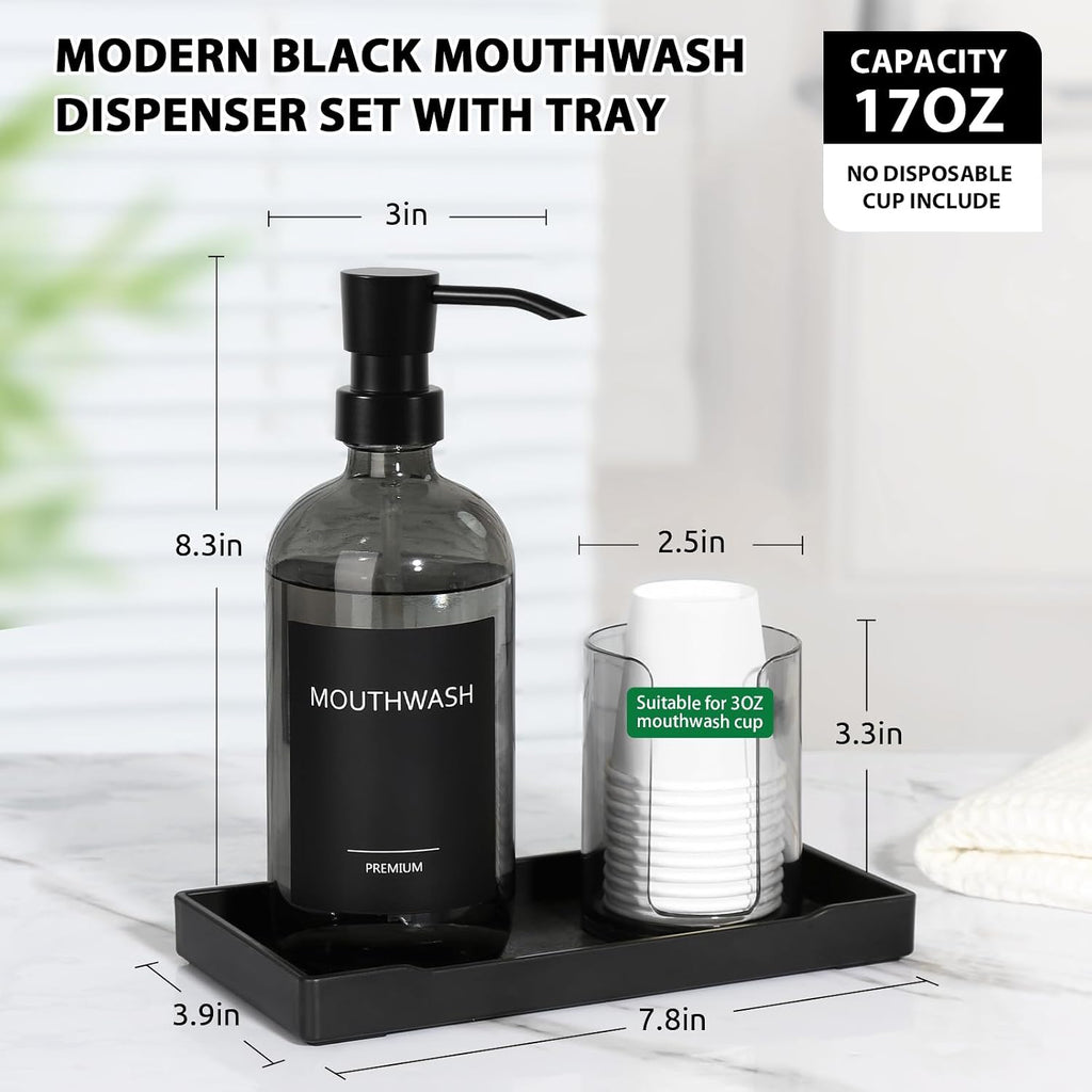Mouthwash Dispenser for Bathroom, Glass Mouth Wash Pump Dispenser with Cup Holder, 17 Fl Oz Mouthwash Bottle Decanter with Tray, Refillable Mouthwash Dispenser Container (Clear Black)