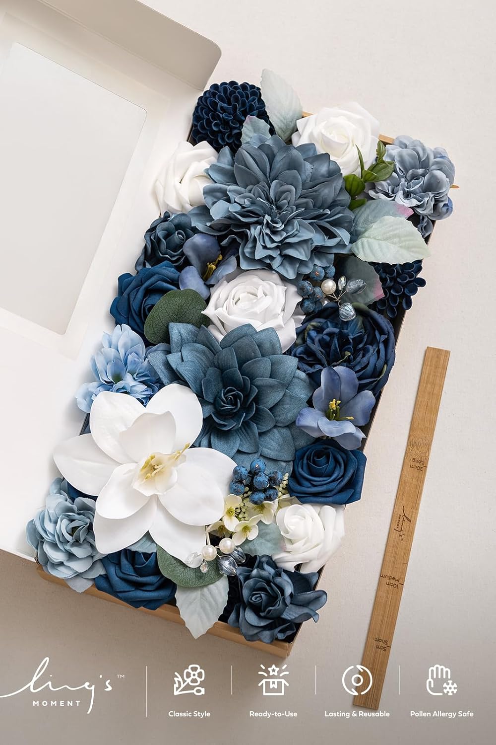Ling's moment Artificial Wedding Flowers Combo, Dusty Blue & Navy, Deluxe