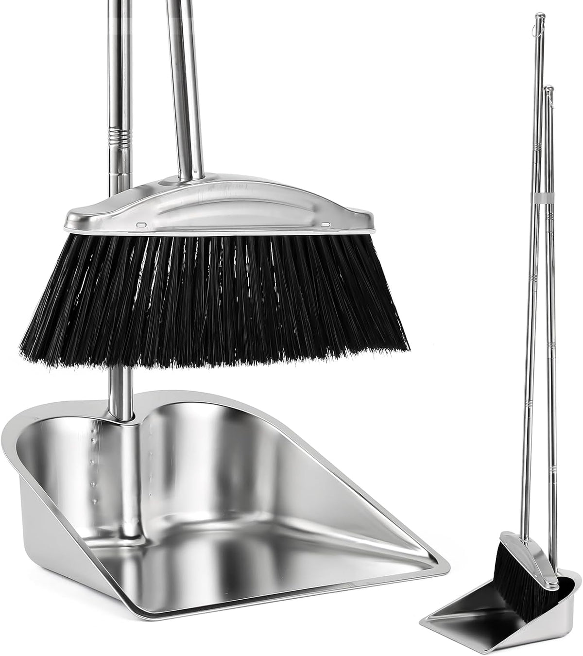 Broom with Dustpan Combo Set, 46" Stainless Steel Broom and Dustpan Set for Home, Heavy Duty Dust Pan with Long Handle, Broom for Sweeping Indoor and Outdoor, Kitchen Broom and Dust Pan (Black)