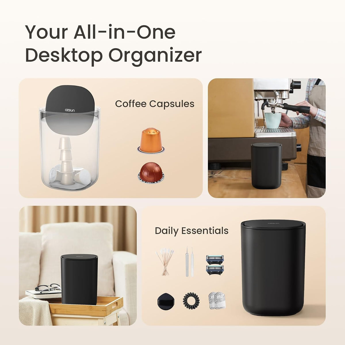 Cesun Mini Desktop Trash Can with Swing Lid, 0.4 Gal Desk Trash Can, Black