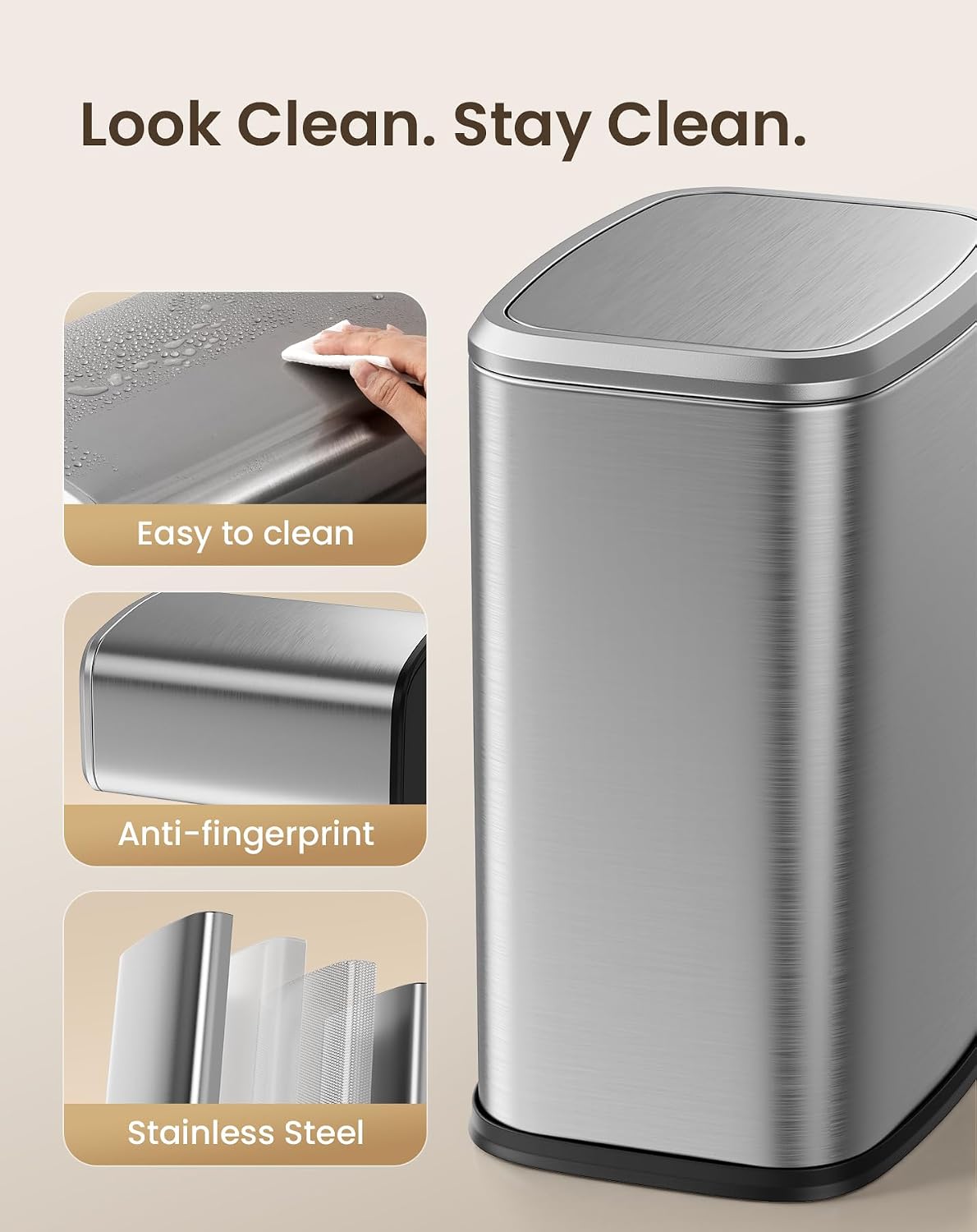 Cesun Small Bathroom Trash Can with Swing Lid, 2.1 Gallons, Silver