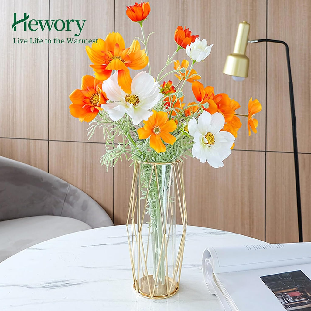 Gold Modern Flower Vases for Centerpieces – Hewory 11Inch Glass Vase with Metal Stand Set of 2, Wide Big Tall Geometric Vases for Flowers, Flower Holders for Wedding Home Decor (Large,2pcs)