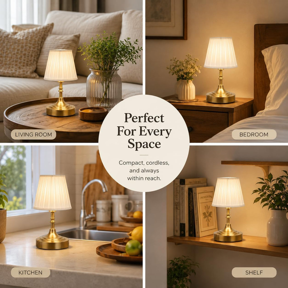 Gold Small Cordless Table Lamp Rechargeable,Mini Lamp - Kitchen Countertop