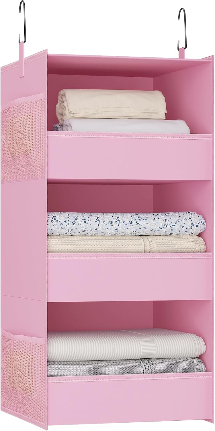 3-Shelf Hanging Closet Organizer, Washable Foldable Storage Shelves, Pink