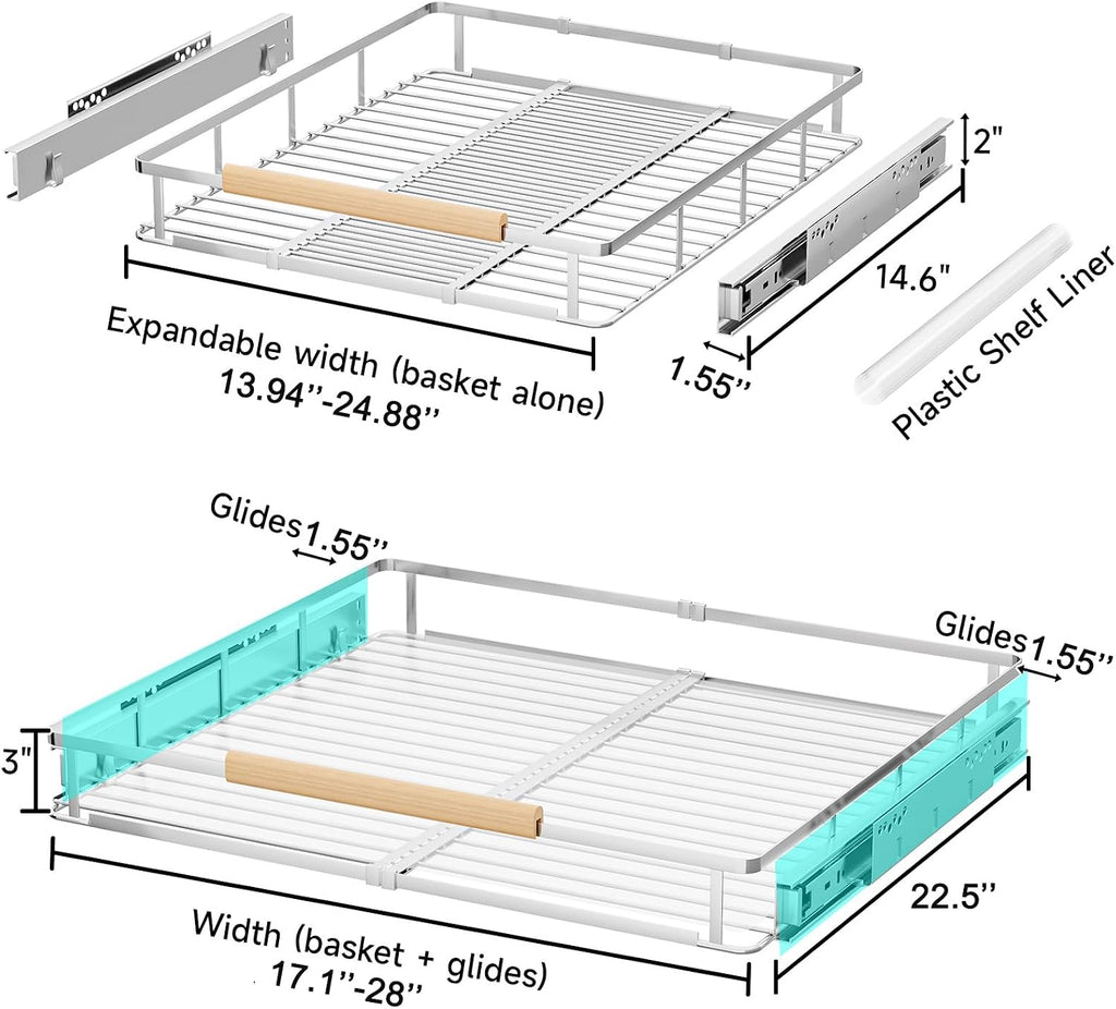 Expandable Pull Out Cabinet Organizer, 17.1"-28.1" W x 22.5" D