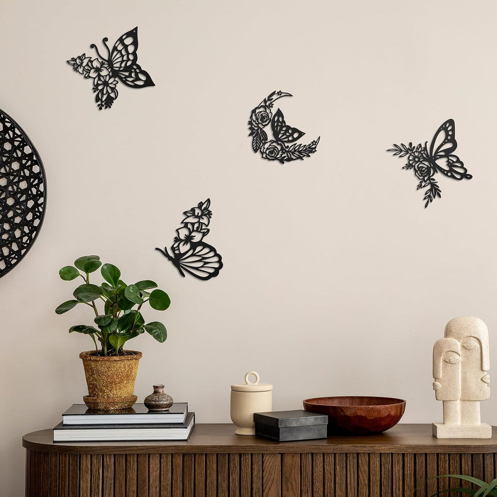 LOYIM 4 Pcs Butterfly Wall Decor Metal Butterfly Wall Art,Graceful,Black