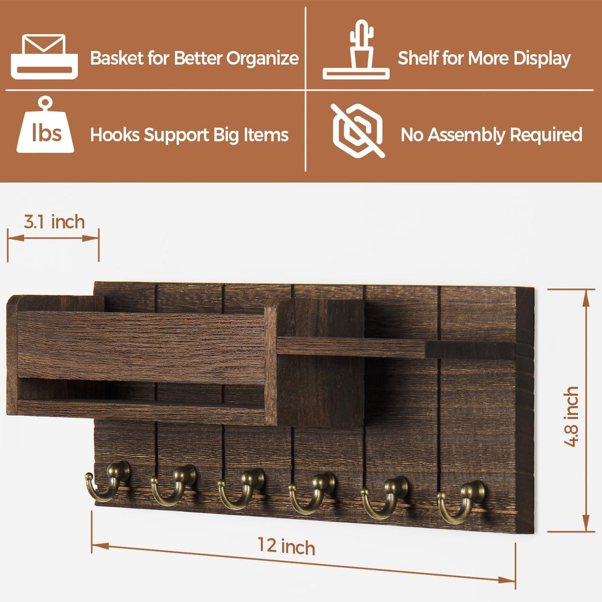 RelaxScene Key Holder Wall Mount - Decorative Key Rack and Mail Organizer with 6 Key Hooks - Wooden Key Hanger with Shelf for Living Room Decor - Rustic Farmhouse Home Entryway Aesthetic Essentials