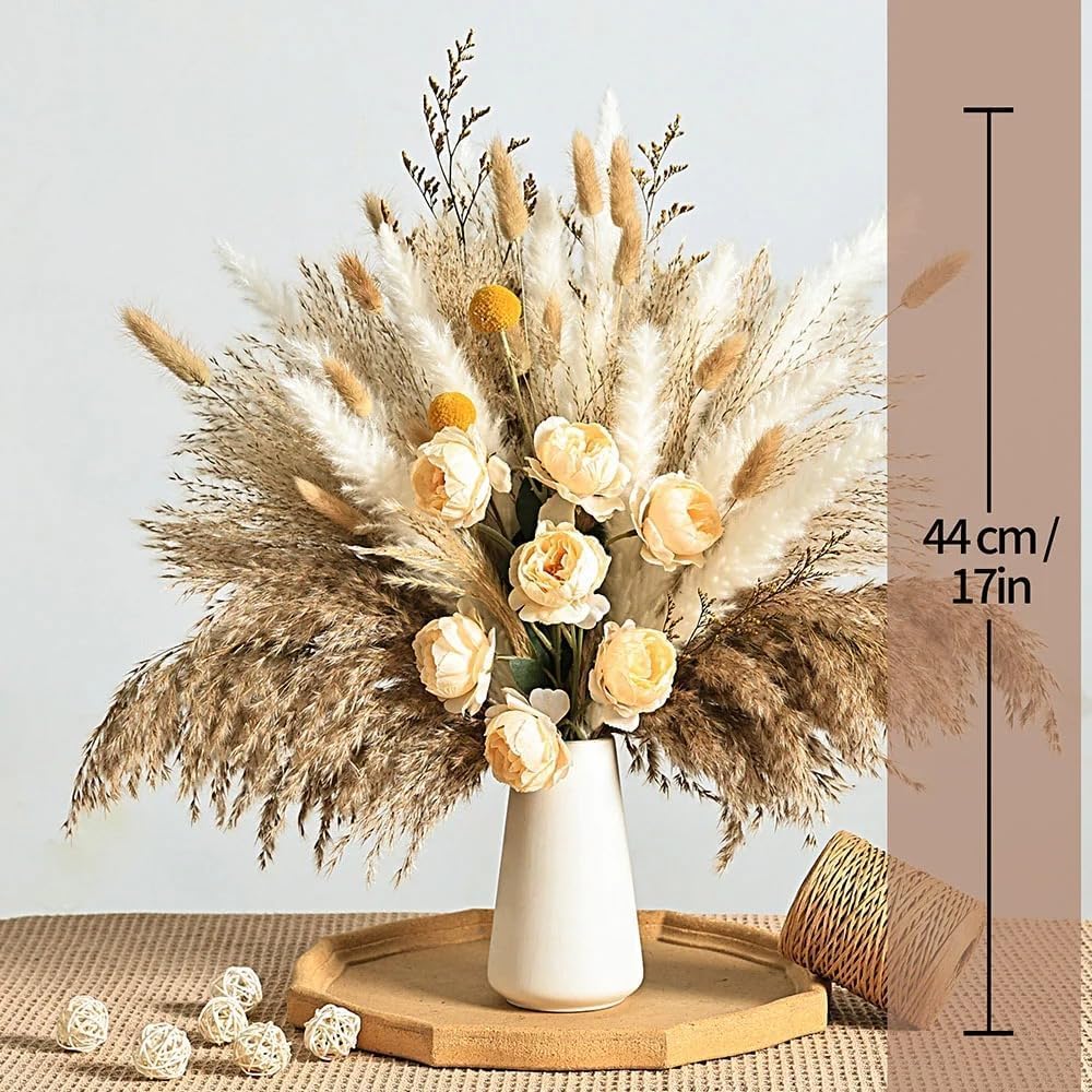 89 Pcs 17 Inch Yellow Dried Pampas Grass Bouquet with Champagne Faux Roses