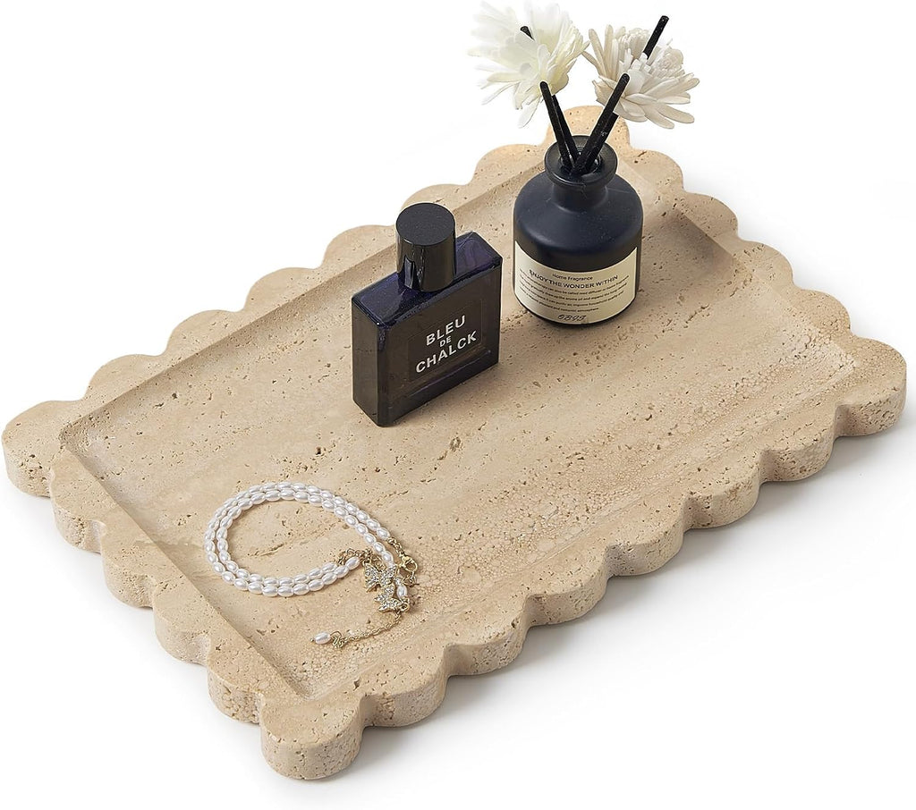 Scalloped Natural Travertine Tray - Decor Stone Tray for Bathroom & Vanity
