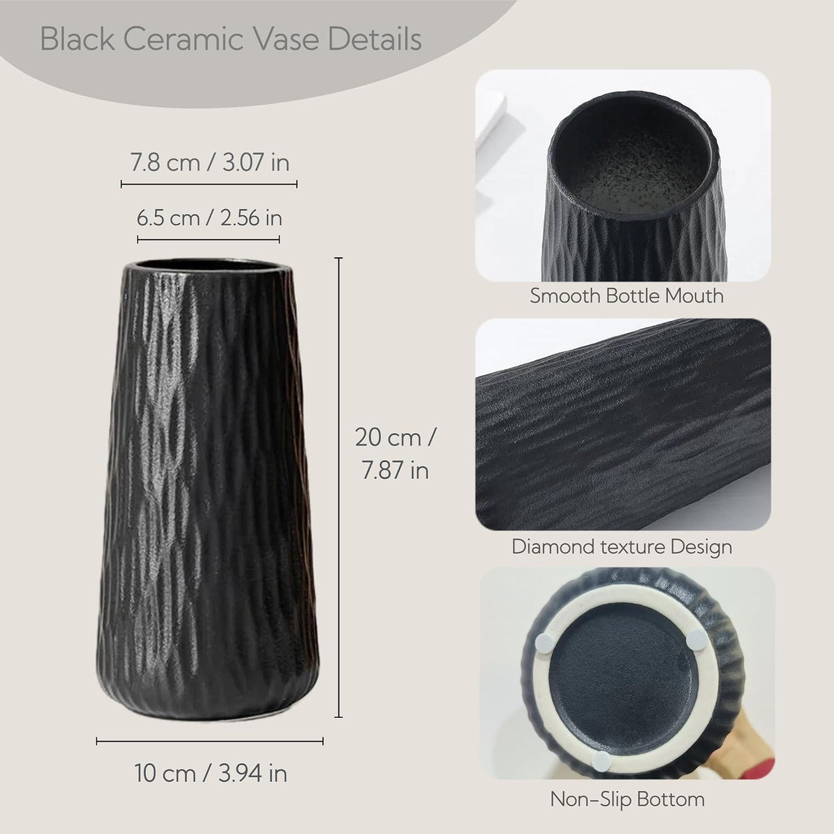 7.87" Ceramic Vase, Flower Vase, Ceramic Vase for Flowers, Vase for Dining Room, Bed Room, Reading Room, Office Decor (Black1)