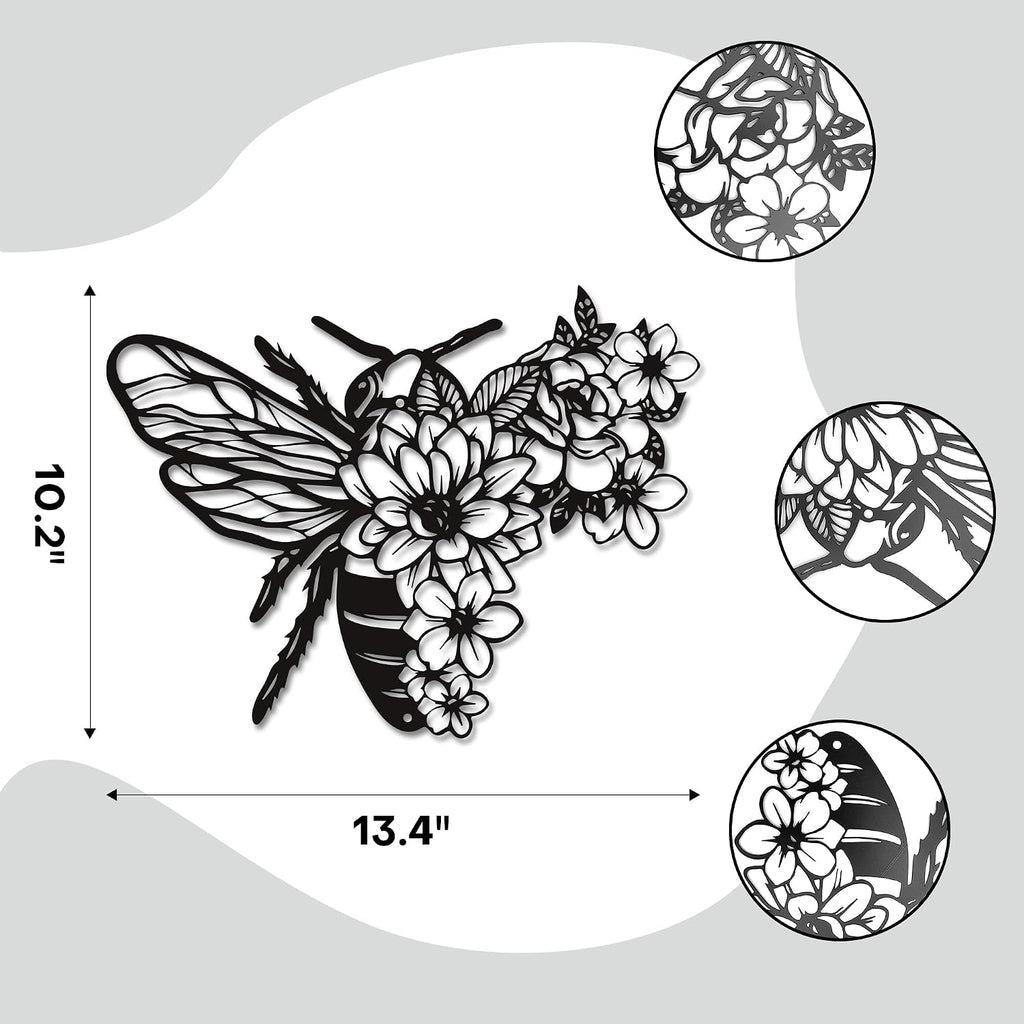 Rajukit Modern Bohemian Bee Flower Metal Wall Art Black