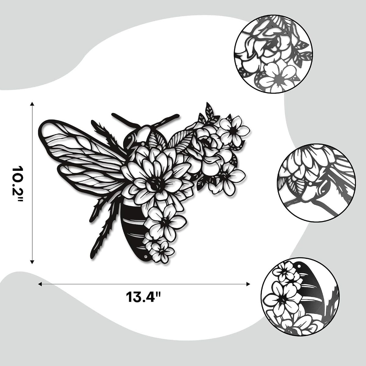 Rajukit Modern Bohemian Bee Flower Metal Wall Art Black
