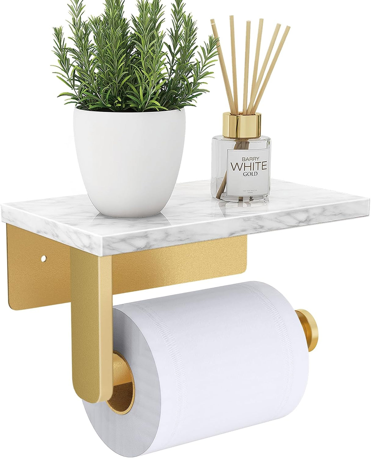 Gypie Toilet Paper Holder with Marble Shelf, Wall Mounted Gold