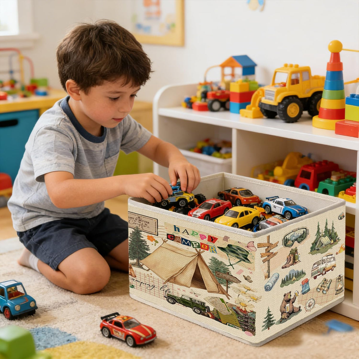 Vintage Camping Storage Bins, Camping Lover Gifts Foldable Closet Organizers Storage Basket Toybox for RV Camper Kids Room Playroom Bedroom Clothes Toys Books